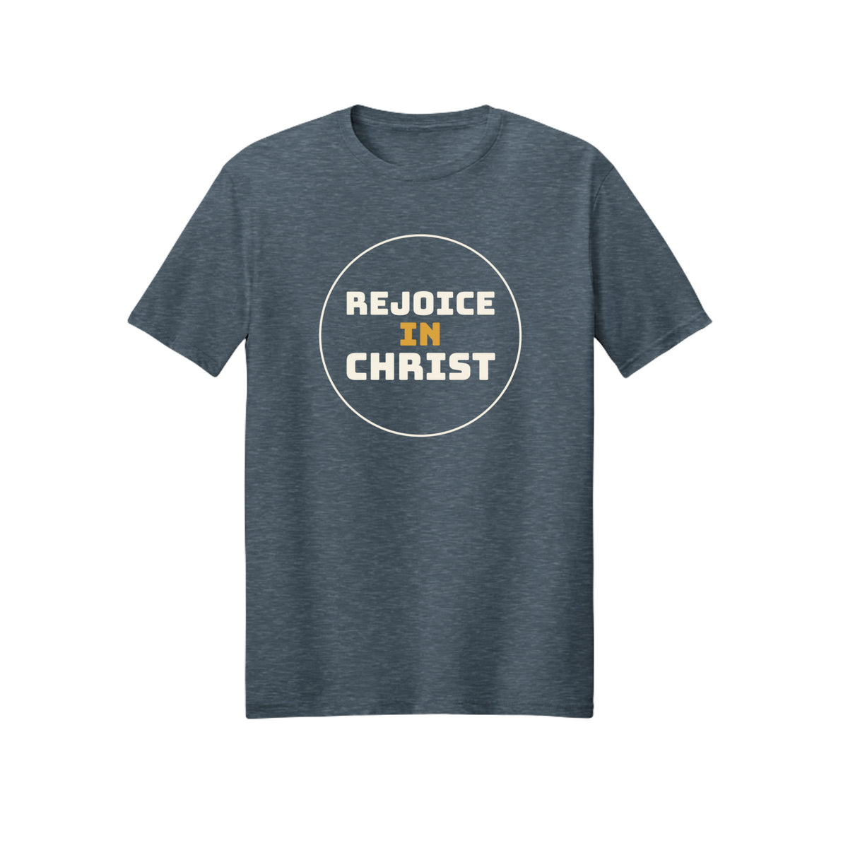 Circular Rejoice in Christ shirt — 2027 LDS youth theme design, Philippians 4:4 in Dark Heather