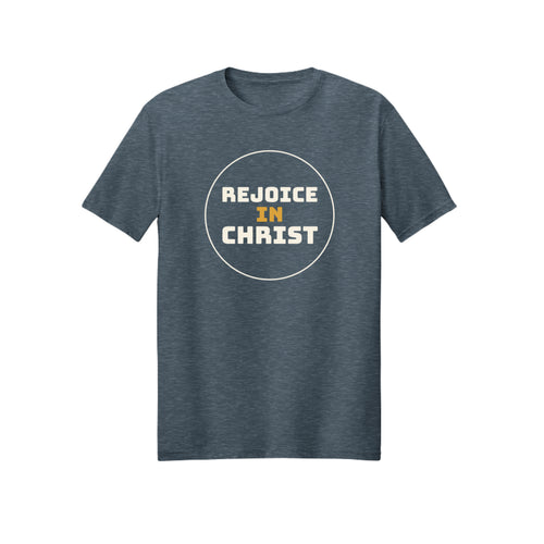 Circular Rejoice in Christ shirt — 2027 LDS youth theme design, Philippians 4:4 in Dark Heather
