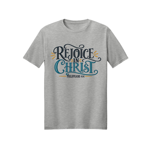 Ornate Rejoice in Christ shirt — 2027 LDS youth theme design, Philippians 4:4 in Ash