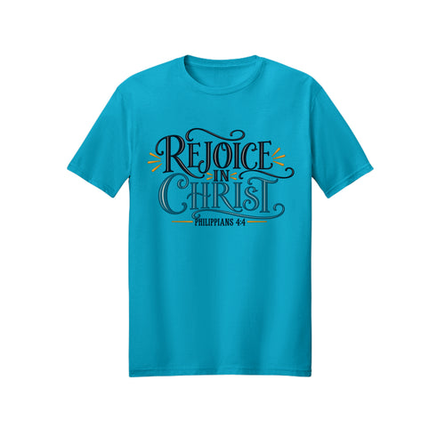 Ornate Rejoice in Christ shirt design detail, Philippians 4:4 scripture tee in Carolina Blue