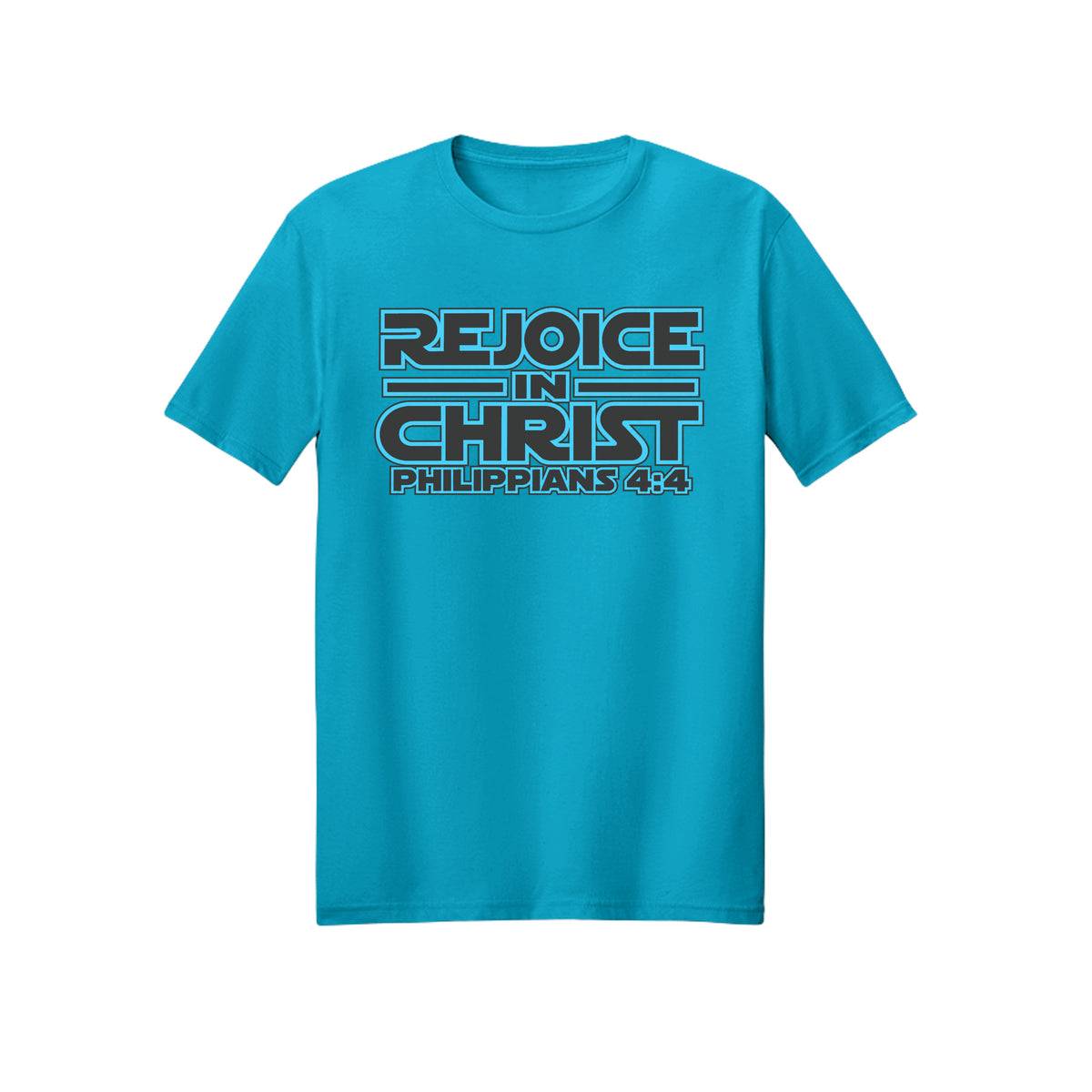 Blue Geometric Rejoice in Christ shirt in Carolina Blue