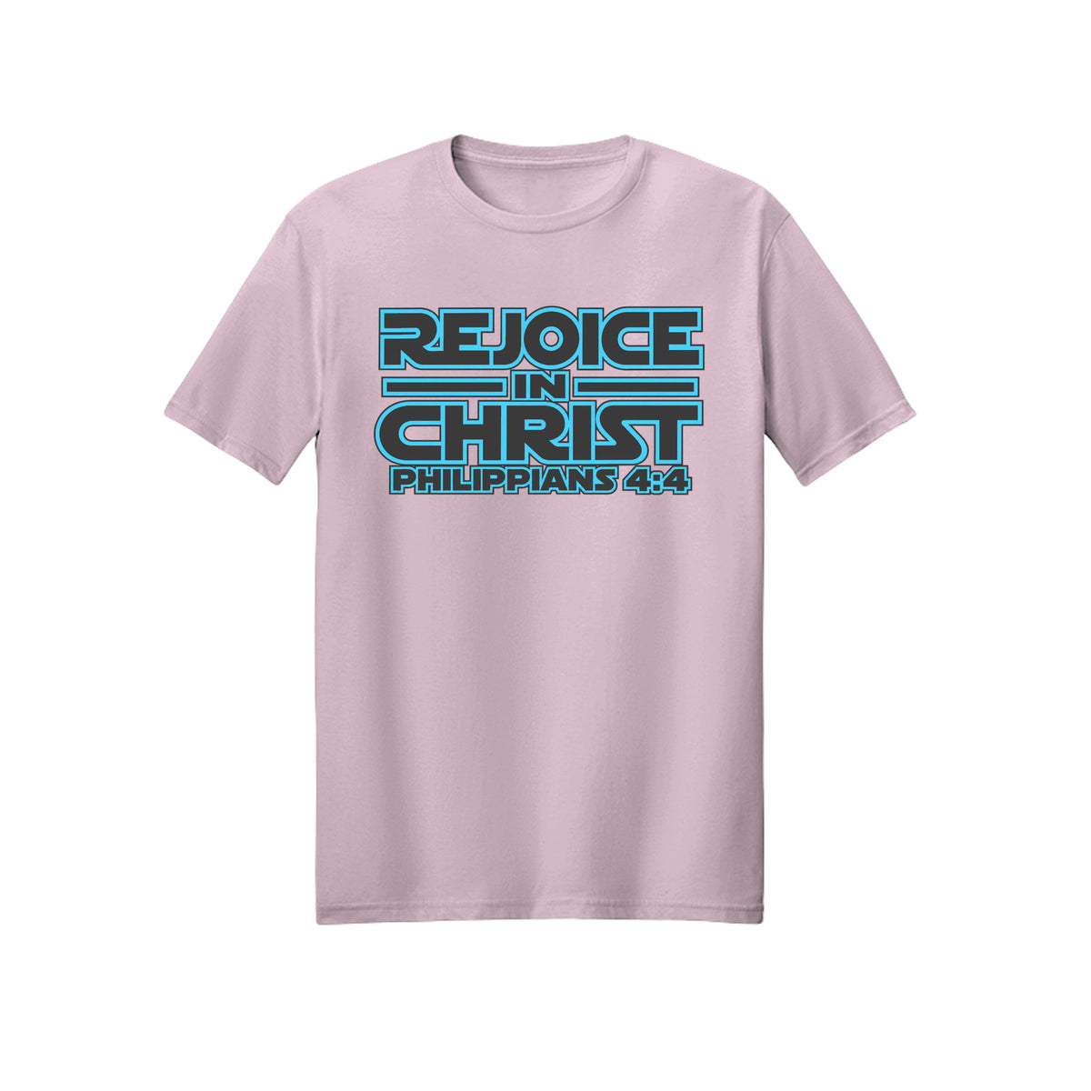 Blue Geometric Rejoice in Christ shirt in Light Pink