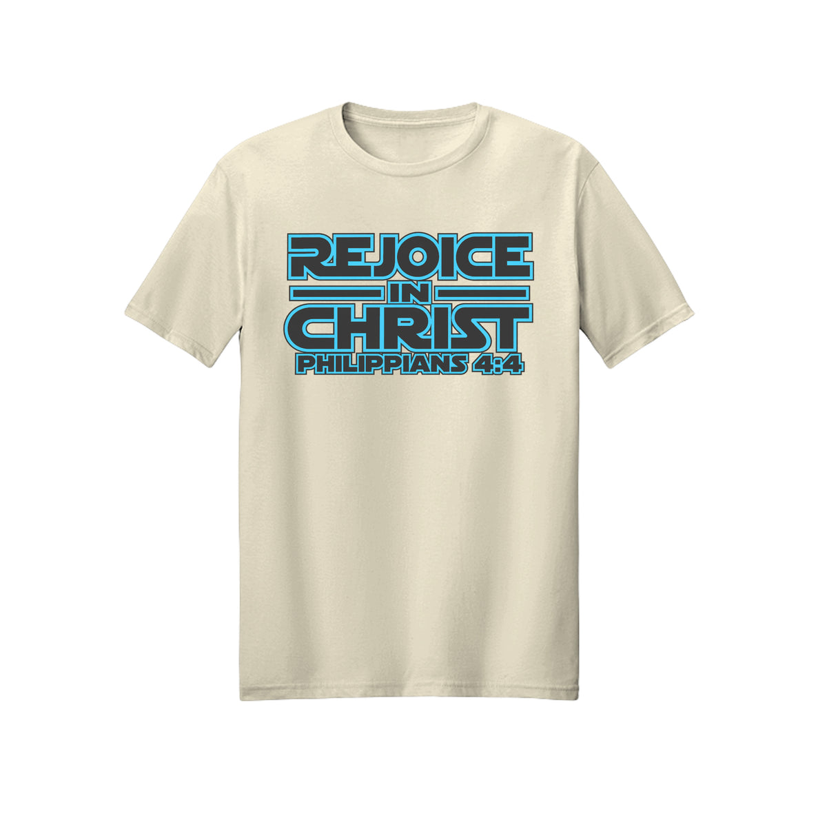 Blue Geometric Rejoice in Christ shirt in Off White
