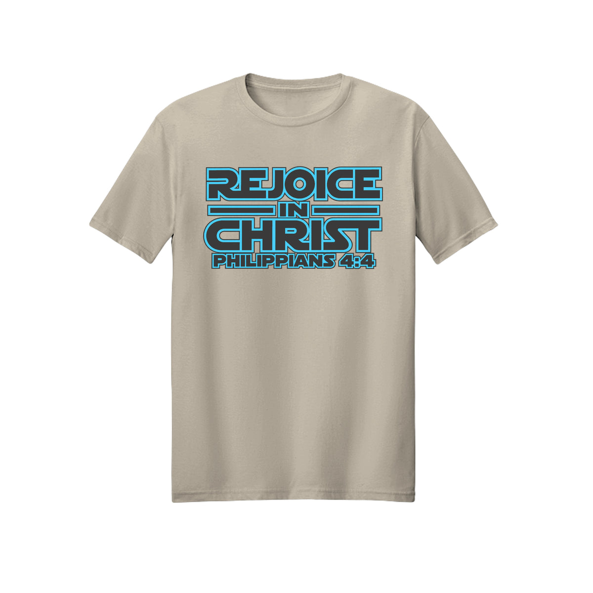 Blue Geometric Rejoice in Christ shirt in Sand
