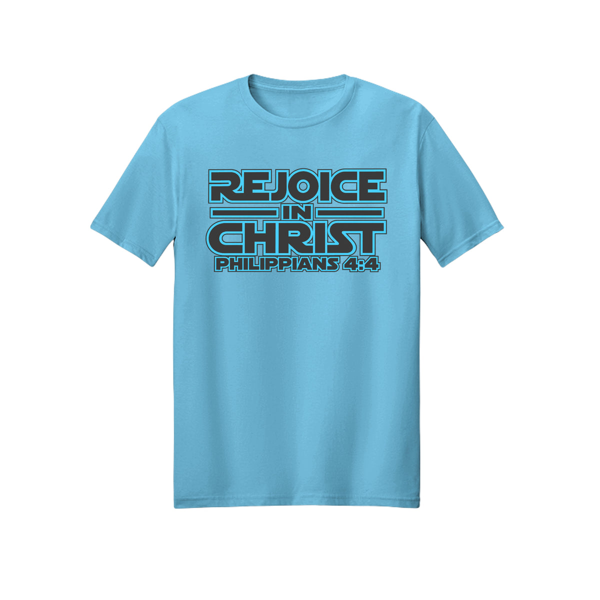 Blue Geometric Rejoice in Christ shirt in Sky