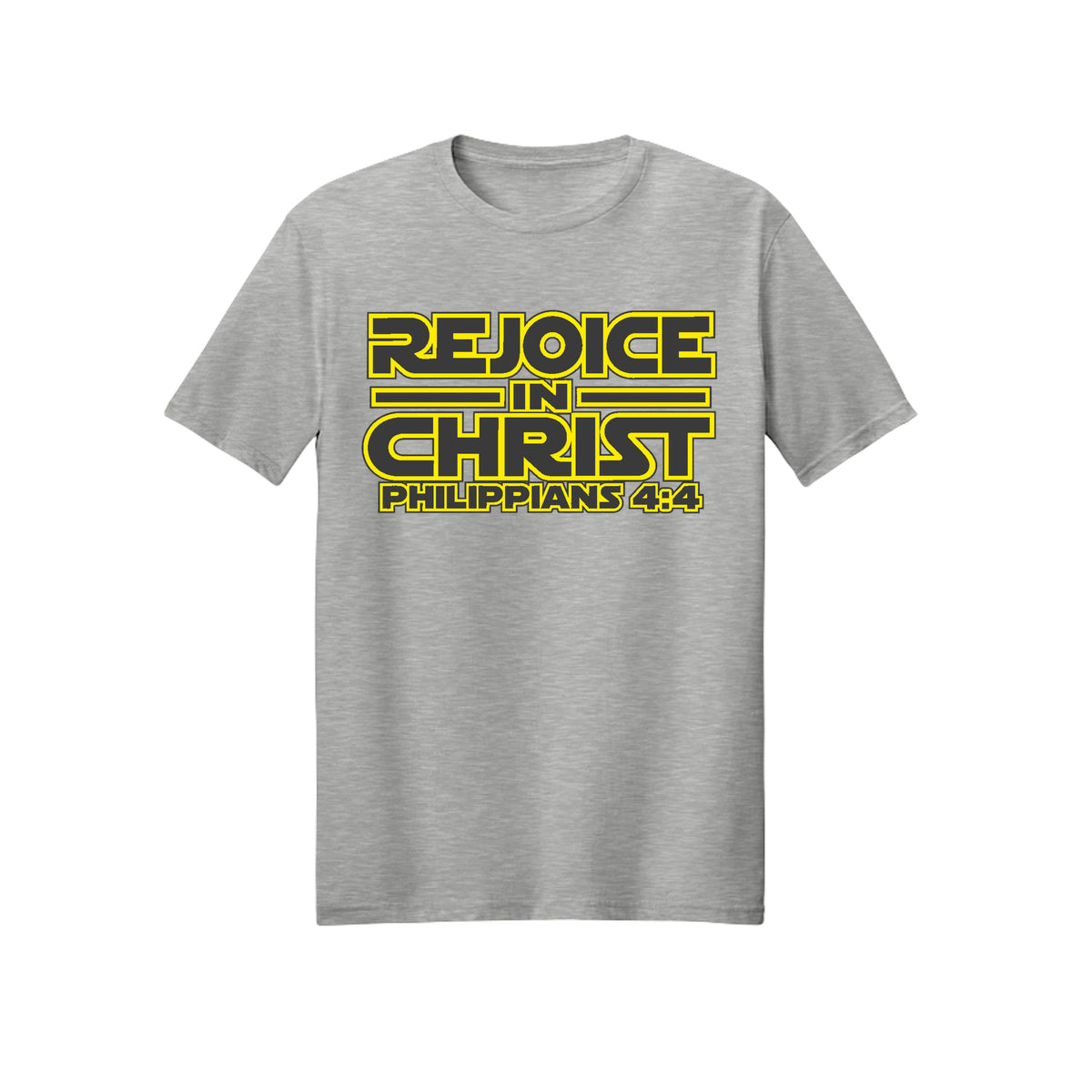 Yellow Geometric Rejoice in Christ shirt design detail, Philippians 4:4 scripture tee in Ash
