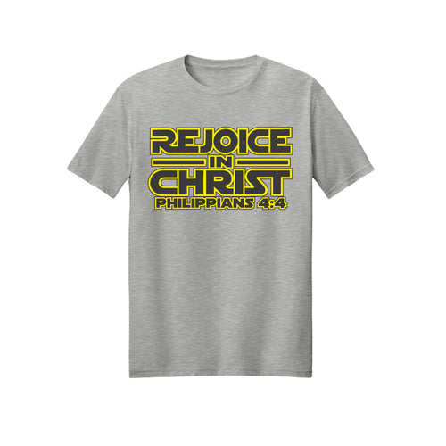 Yellow Geometric Rejoice in Christ shirt design detail, Philippians 4:4 scripture tee in Ash