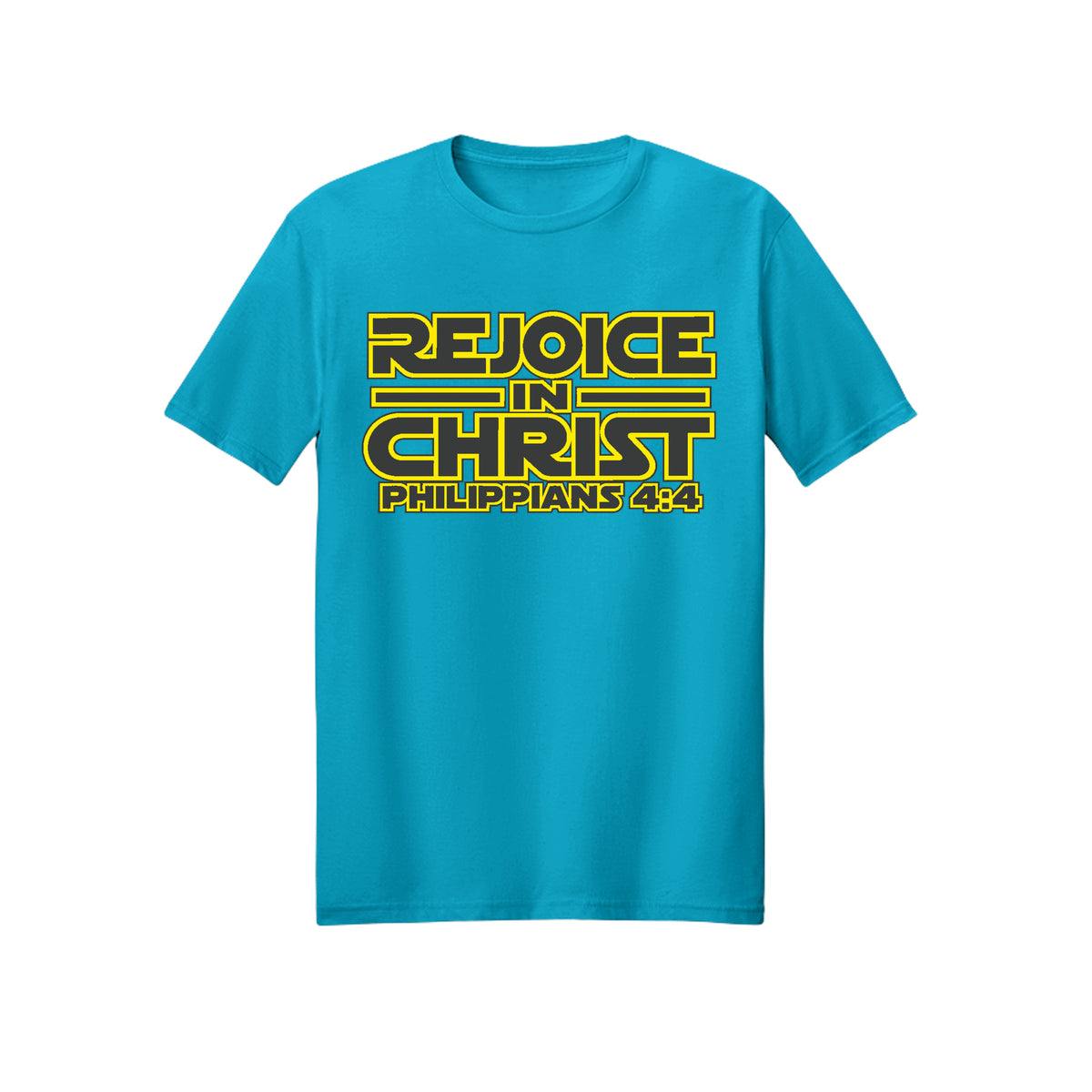 Yellow Geometric Rejoice in Christ shirt in Carolina Blue