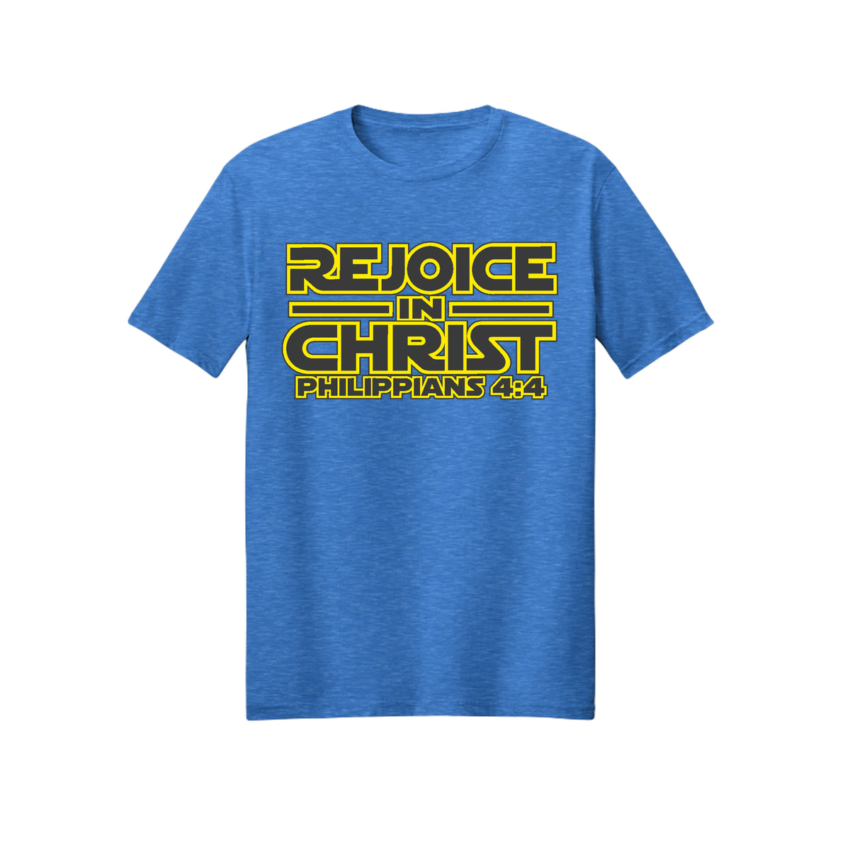Yellow Geometric Rejoice in Christ shirt in Heather Royal