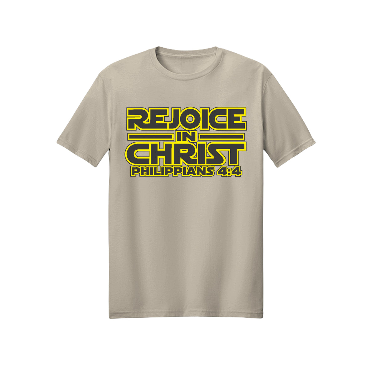 Yellow Geometric Rejoice in Christ shirt in Sand