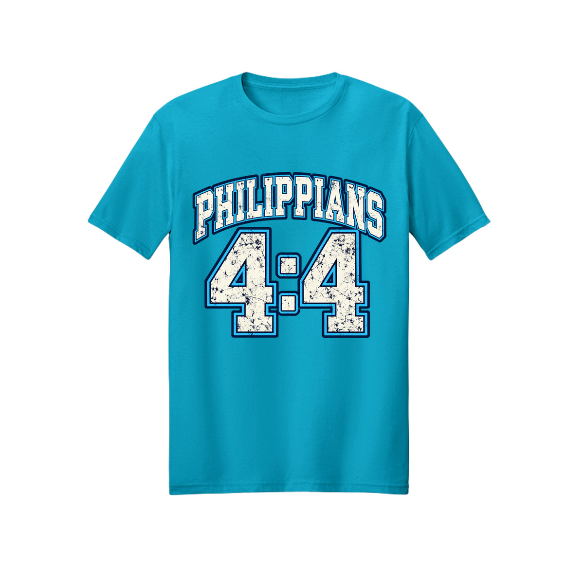 Philippians 4:4 Collegiate Rejoice in Christ shirt design detail, Philippians 4:4 scripture tee in Carolina Blue