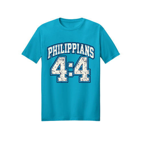 Philippians 4:4 Collegiate Rejoice in Christ shirt design detail, Philippians 4:4 scripture tee in Carolina Blue