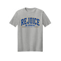 Collegiate Rejoice in Christ shirt design detail, Philippians 4:4 scripture tee in Ash