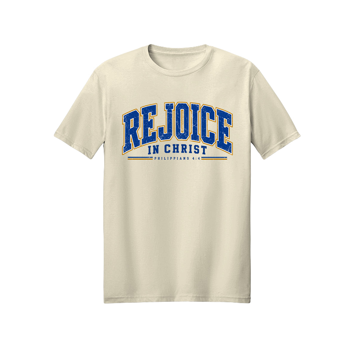 Collegiate Rejoice in Christ shirt — 2027 LDS youth theme design, Philippians 4:4 in Off White