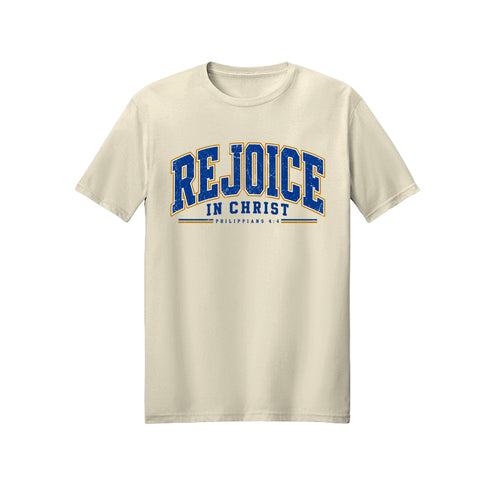 Collegiate Rejoice in Christ shirt — 2027 LDS youth theme design, Philippians 4:4 in Off White