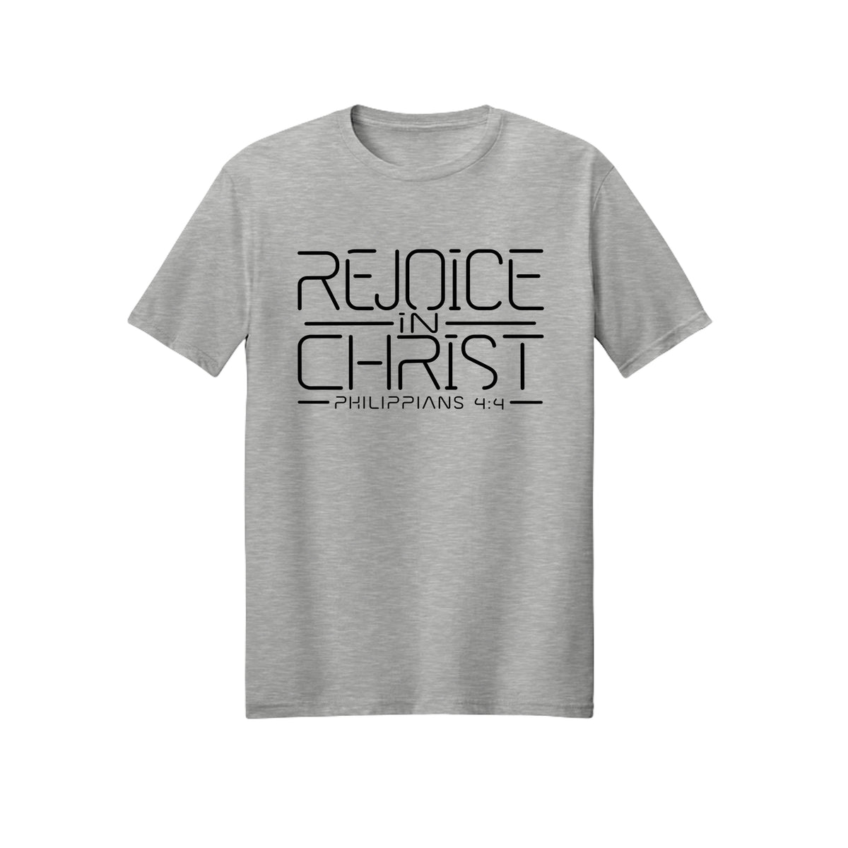 Dark Modern Line Rejoice in Christ shirt design detail, Philippians 4:4 scripture tee in Ash