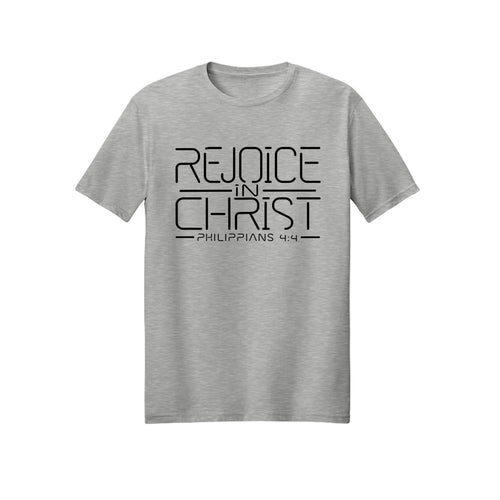 Dark Modern Line Rejoice in Christ shirt design detail, Philippians 4:4 scripture tee in Ash