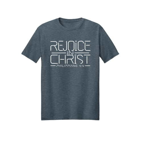 Modern Line Rejoice in Christ shirt design detail, Philippians 4:4 scripture tee in Dark Heather