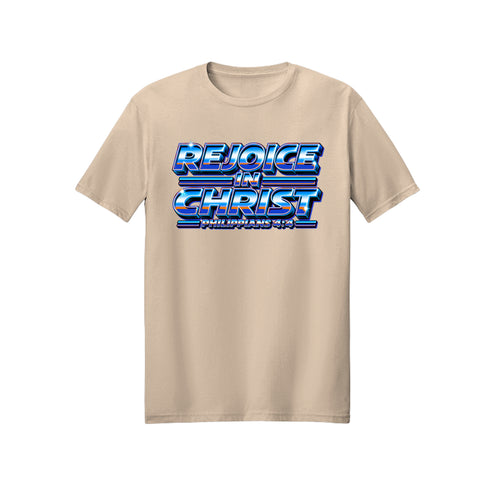 Chrome Neon Blue Rejoice in Christ shirt — 2027 LDS youth theme design, Philippians 4:4 in Natural