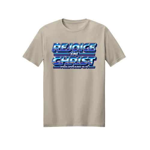Chrome Neon Blue Rejoice in Christ shirt design detail, Philippians 4:4 scripture tee in Sand