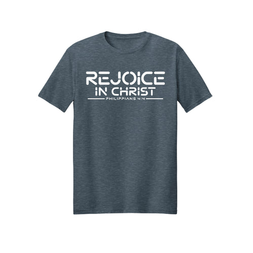 White Futuristic Rejoice in Christ shirt design detail, Philippians 4:4 scripture tee in Dark Heather