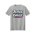 Paint Splash Graffiti Rejoice in Christ shirt design detail, Philippians 4:4 scripture tee in Ash