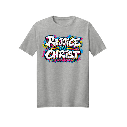 Paint Splash Graffiti Rejoice in Christ shirt design detail, Philippians 4:4 scripture tee in Ash