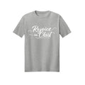 White Script Rejoice in Christ shirt in Ash