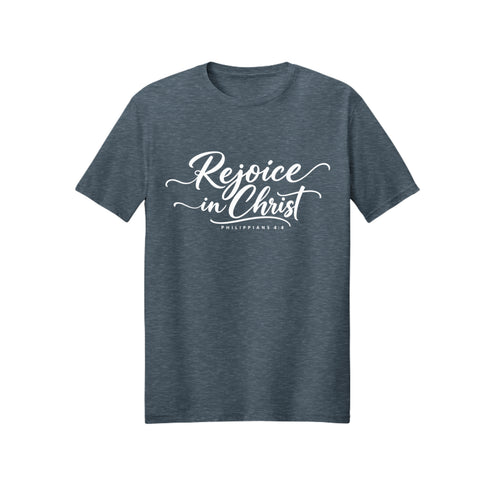 White Script Rejoice in Christ shirt design detail, Philippians 4:4 scripture tee in Dark Heather