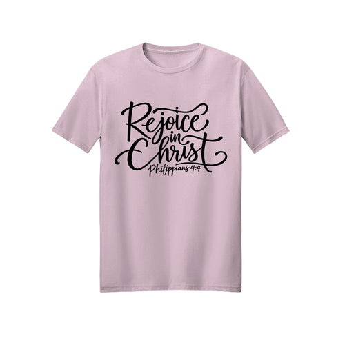 Black Calligraphy Rejoice in Christ shirt — 2027 LDS youth theme design, Philippians 4:4 in Light Pink