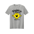 Smiley Rejoice in Christ shirt design detail, Philippians 4:4 scripture tee in Ash