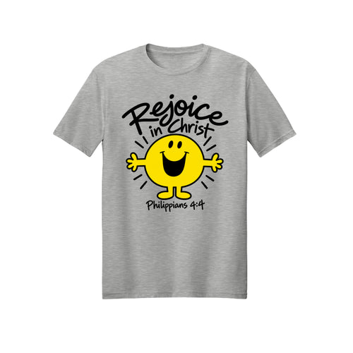 Smiley Rejoice in Christ shirt design detail, Philippians 4:4 scripture tee in Ash