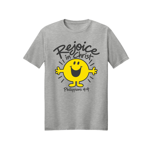 Smiley Rejoice in Christ shirt design detail, Philippians 4:4 scripture tee in Ash