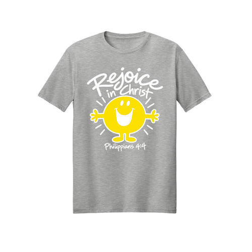 Smiley Rejoice in Christ shirt design detail, Philippians 4:4 scripture tee in Ash