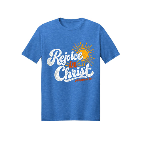 Sunrise Script Rejoice in Christ shirt — 2027 LDS youth theme design, Philippians 4:4 in Heather Royal