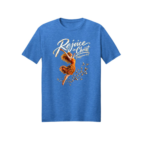 Freedom Rejoice in Christ shirt design detail, Philippians 4:4 scripture tee in Heather Royal
