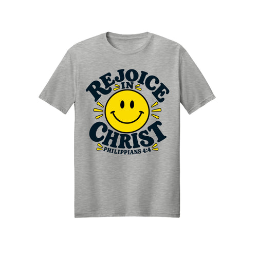 Smiley Rejoice in Christ shirt design detail, Philippians 4:4 scripture tee in Ash