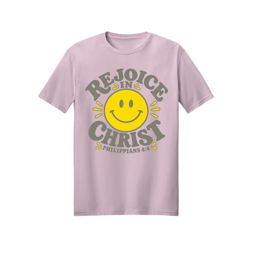 Smiley Rejoice in Christ shirt design detail, Philippians 4:4 scripture tee in Light Pink