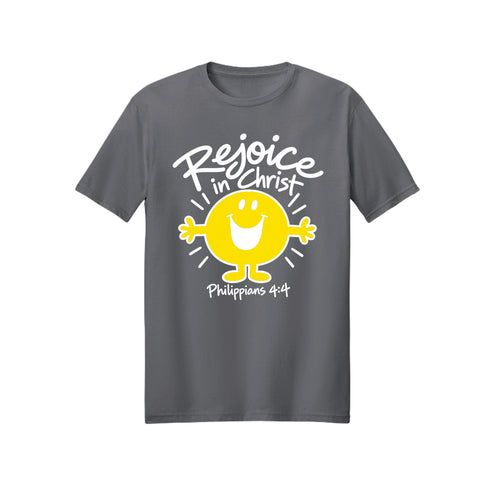 Smiley Rejoice in Christ shirt — 2027 LDS youth theme design, Philippians 4:4 in Charcoal