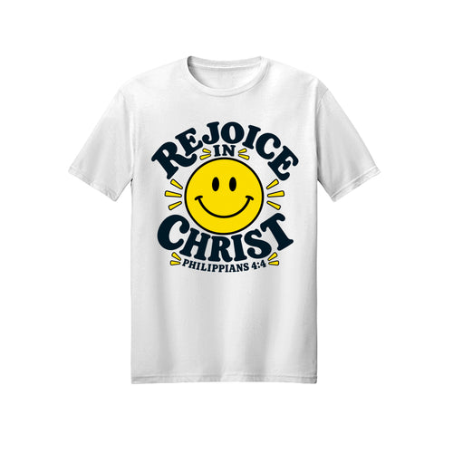 Smiley Rejoice in Christ shirt — 2027 LDS youth theme design, Philippians 4:4 in White