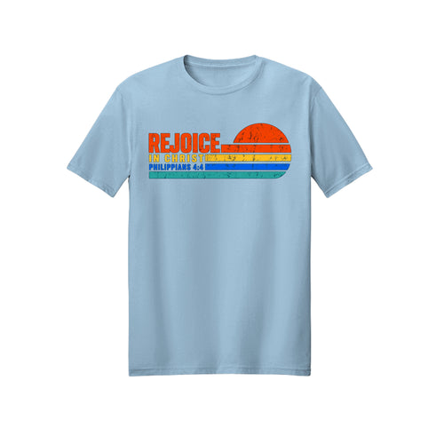 Retro Sunset Rejoice in Christ shirt — 2027 LDS youth theme design, Philippians 4:4 in Light Blue