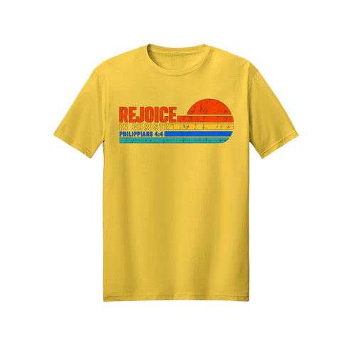 Retro Sunset Rejoice in Christ shirt design detail, Philippians 4:4 scripture tee in Daisy