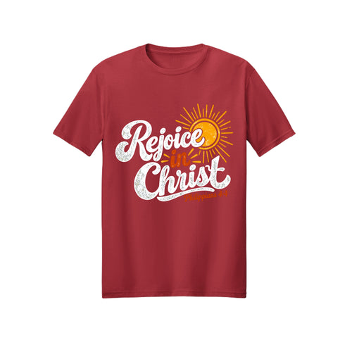 Sunrise Script Rejoice in Christ shirt design detail, Philippians 4:4 scripture tee in Cherry Red