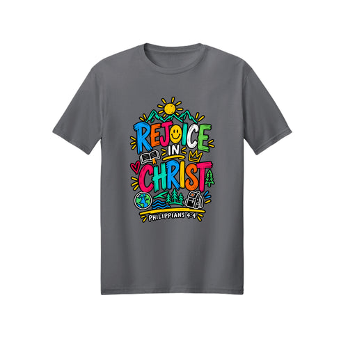 Colorful Adventure Rejoice in Christ shirt design detail, Philippians 4:4 scripture tee in Charcoal