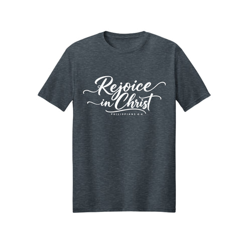White Script Rejoice in Christ shirt — 2027 LDS youth theme design, Philippians 4:4 in Heather Navy