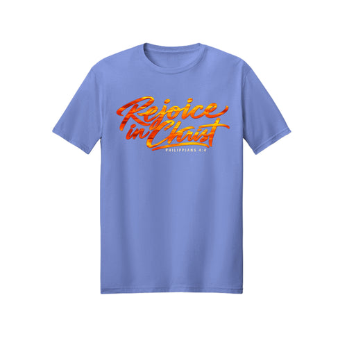 Orange Brush Script Rejoice in Christ shirt design detail, Philippians 4:4 scripture tee in Violet