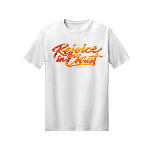 Orange Brush Script Rejoice in Christ shirt — 2027 LDS youth theme design, Philippians 4:4 in White