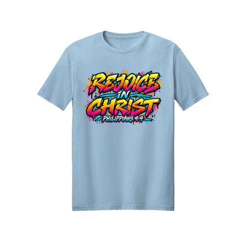 Colorful Graffiti Rejoice in Christ shirt — 2027 LDS youth theme design, Philippians 4:4 in Light Blue