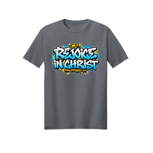Crown Graffiti Rejoice in Christ shirt — 2027 LDS youth theme design, Philippians 4:4 in Charcoal
