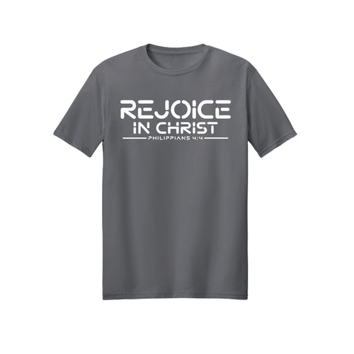 White Futuristic Rejoice in Christ shirt — 2027 LDS youth theme design, Philippians 4:4 in Charcoal
